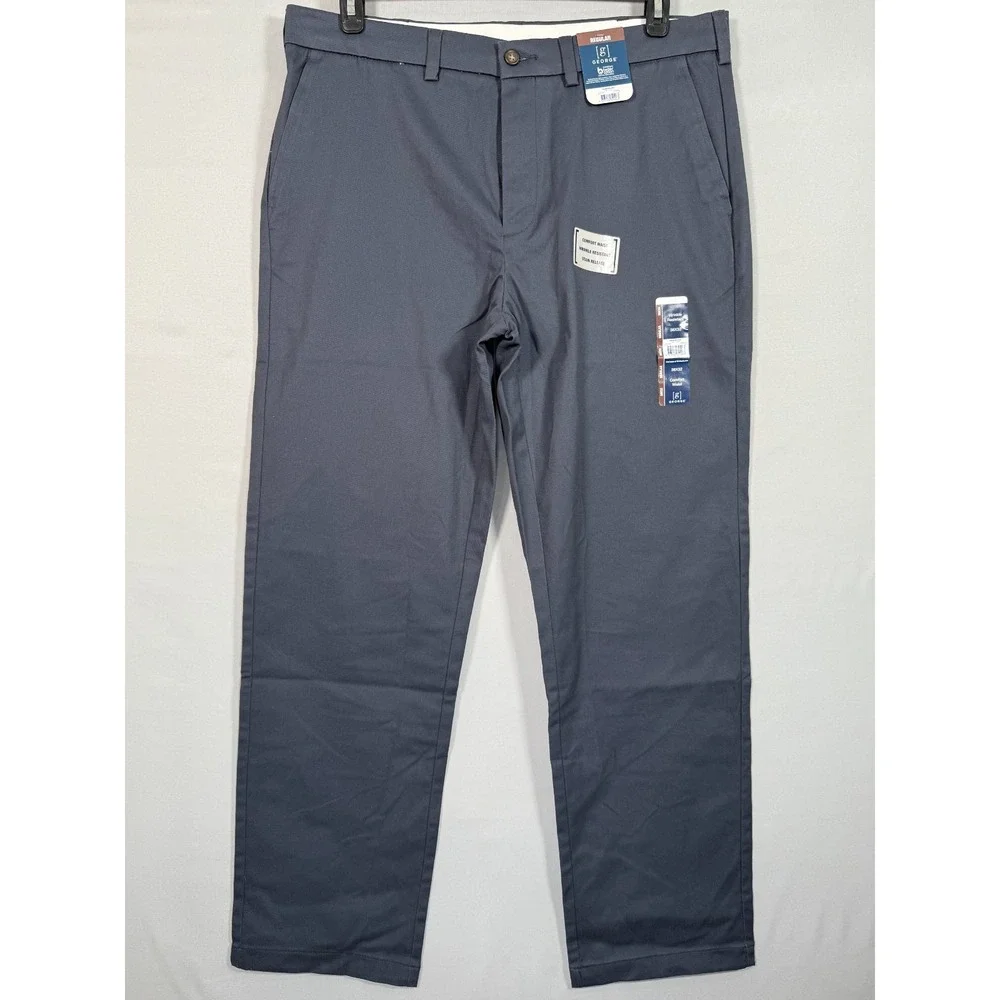 NWT George Men Flat‎ Front Wrinkle Resistant 36x32 Regular Fit Navy Blue Stretch